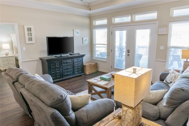 living room with crown molding, dark wood-type flooring, and french doors