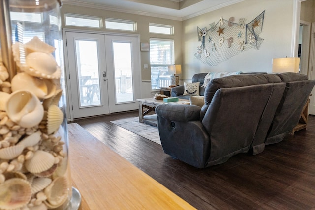 living room featuring crown molding, a healthy amount of sunlight, dark wood-type flooring, and french doors