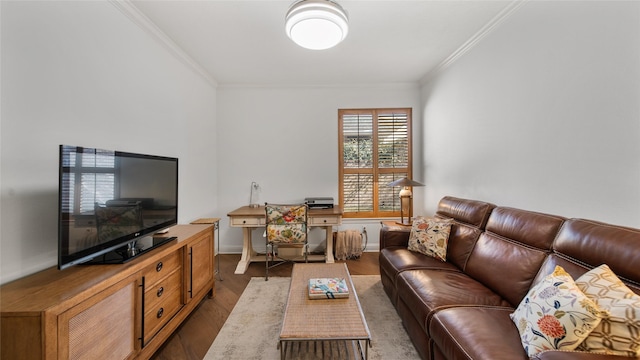 living room featuring ornamental molding and dark hardwood / wood-style floors