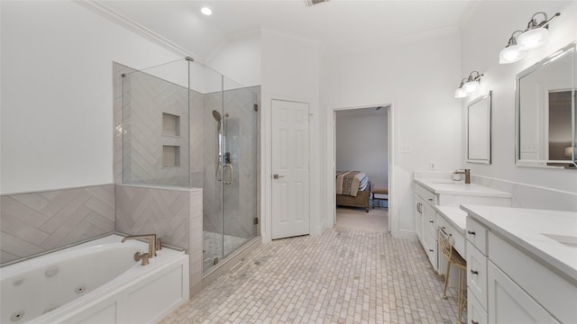 bathroom featuring crown molding, vanity, independent shower and bath, and tile patterned flooring