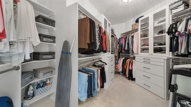 walk in closet with light colored carpet