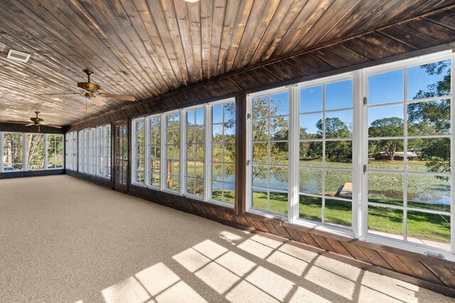 unfurnished sunroom featuring a water view, a wealth of natural light, and wood ceiling