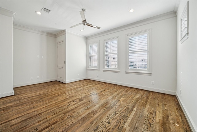 unfurnished room featuring hardwood / wood-style floors, ornamental molding, and ceiling fan