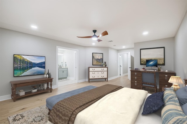 bedroom with ceiling fan, ensuite bathroom, and light hardwood / wood-style flooring