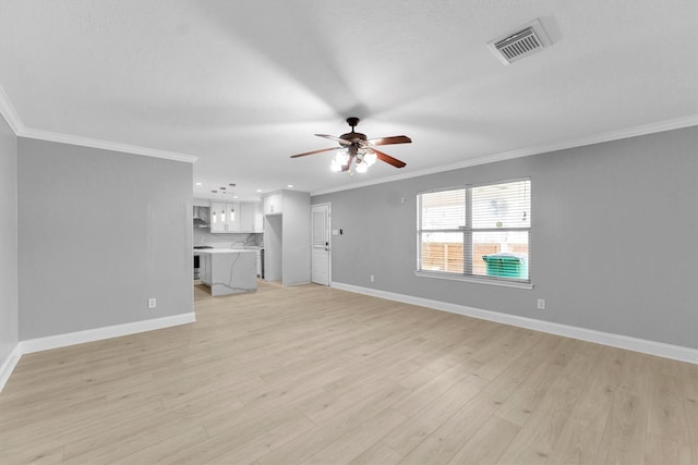 unfurnished living room featuring ceiling fan, ornamental molding, and light hardwood / wood-style flooring