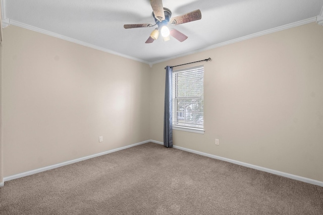 unfurnished room with ceiling fan, ornamental molding, and carpet flooring