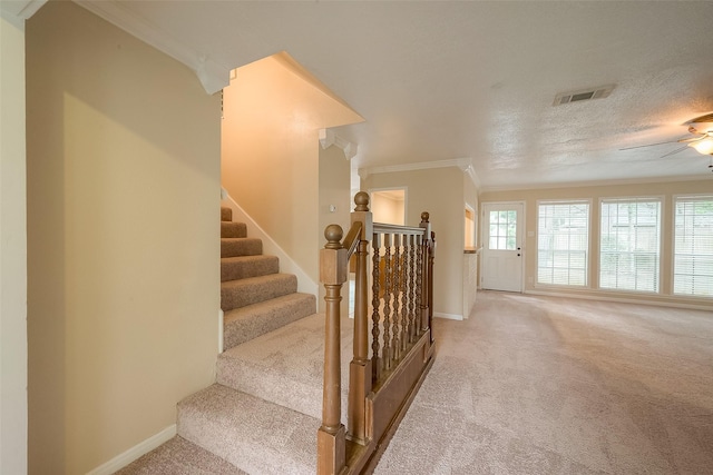 staircase with ceiling fan, crown molding, carpet floors, and a textured ceiling