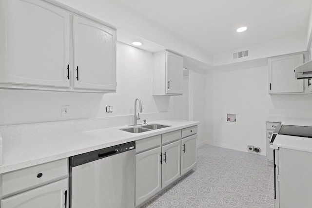 kitchen featuring sink, white cabinetry, range with electric stovetop, stainless steel dishwasher, and exhaust hood