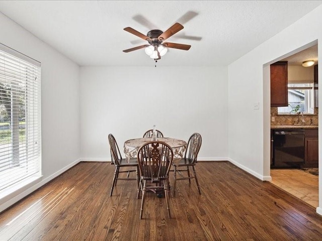 unfurnished dining area featuring ceiling fan, dark hardwood / wood-style flooring, and sink