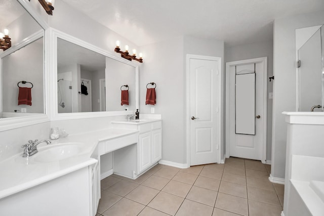 bathroom with tile patterned flooring, vanity, and independent shower and bath