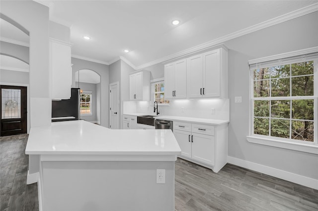 kitchen featuring crown molding, light hardwood / wood-style flooring, white cabinets, stainless steel appliances, and backsplash