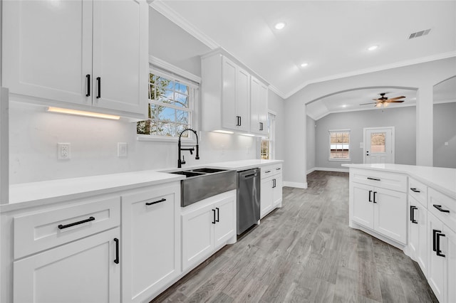 kitchen featuring sink, white cabinetry, a wealth of natural light, vaulted ceiling, and stainless steel dishwasher