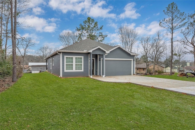 single story home featuring concrete driveway, a front yard, a shingled roof, and an attached garage