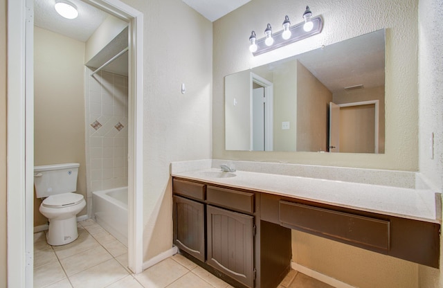 full bathroom featuring shower / tub combination, vanity, tile patterned floors, and toilet