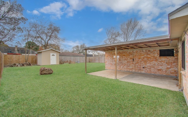 view of yard featuring a patio area and a shed