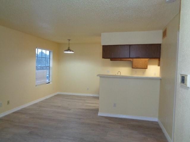 kitchen featuring light hardwood / wood-style flooring, dark brown cabinets, and a textured ceiling