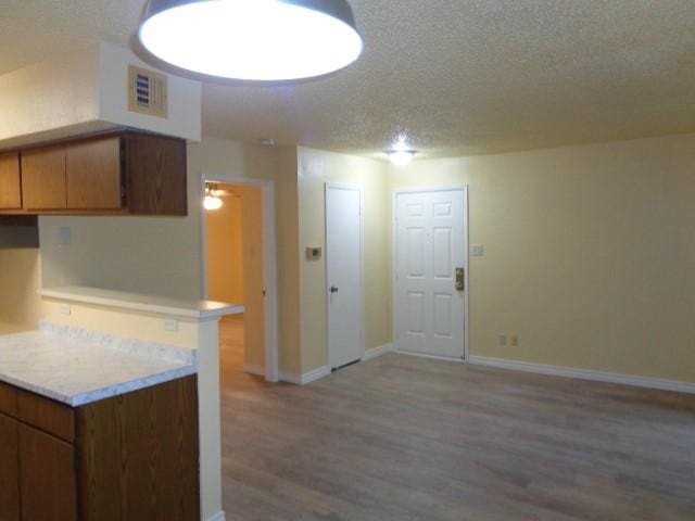 kitchen with wood-type flooring, kitchen peninsula, and a textured ceiling