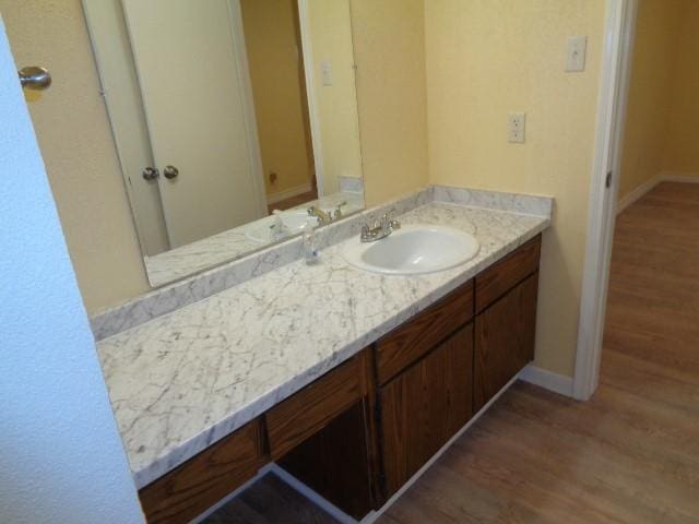 bathroom featuring vanity and wood-type flooring