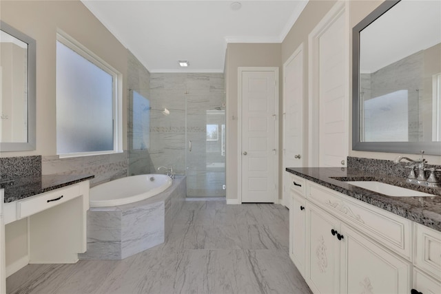 bathroom with vanity, shower with separate bathtub, and ornamental molding