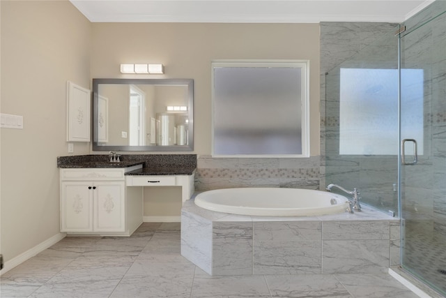 bathroom featuring independent shower and bath and vanity