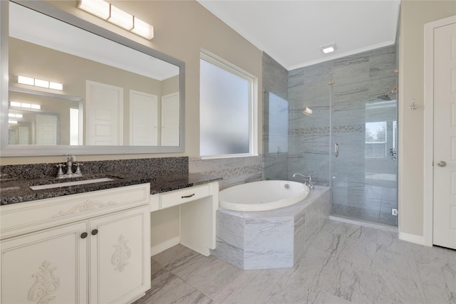 bathroom with vanity, crown molding, and plus walk in shower