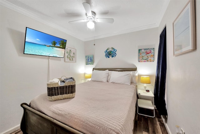 bedroom with crown molding, ceiling fan, and hardwood / wood-style flooring