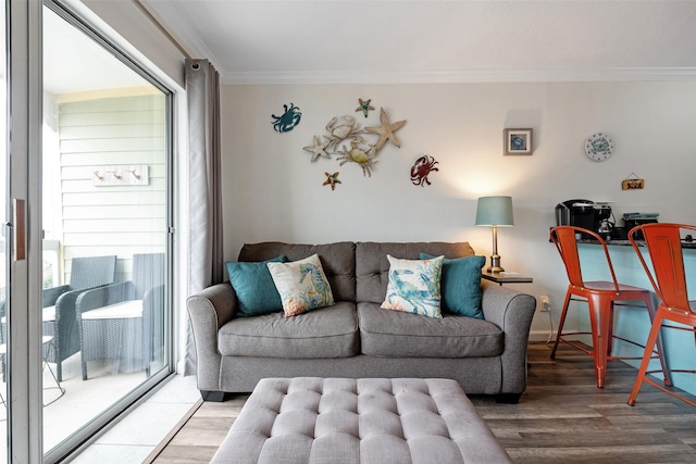 living room featuring hardwood / wood-style floors, crown molding, and a healthy amount of sunlight