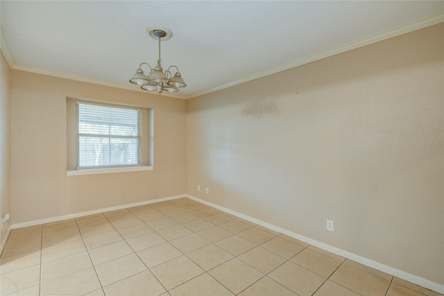 unfurnished room with an inviting chandelier, light tile patterned floors, and crown molding