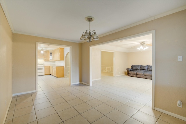 tiled empty room with crown molding and an inviting chandelier