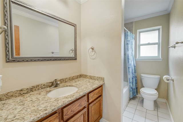 full bathroom featuring tile patterned floors, toilet, crown molding, vanity, and shower / bath combination with curtain