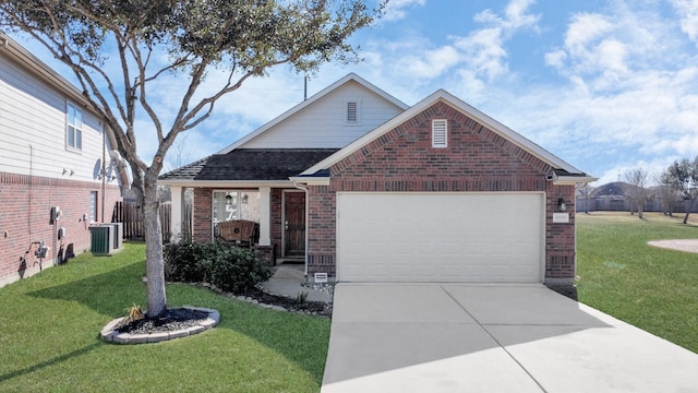 view of front facade featuring central AC unit, a garage, and a front lawn