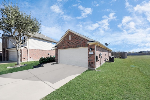 view of side of property featuring central AC, a garage, and a lawn