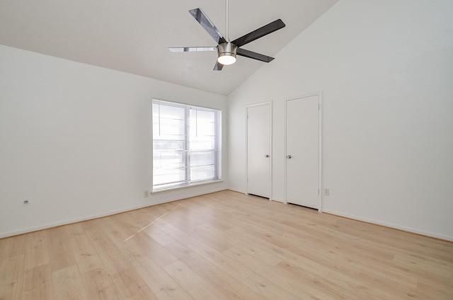 unfurnished bedroom featuring ceiling fan, high vaulted ceiling, and light hardwood / wood-style flooring