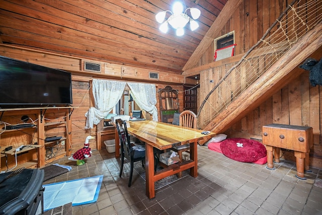 dining room featuring lofted ceiling, wooden walls, and wooden ceiling