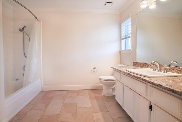 full bathroom with vanity, shower / tub combo, toilet, crown molding, and tile patterned floors