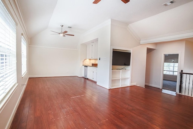 unfurnished living room with ceiling fan, lofted ceiling, ornamental molding, and dark hardwood / wood-style flooring