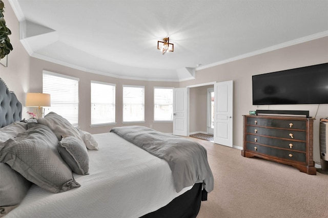 carpeted bedroom with crown molding