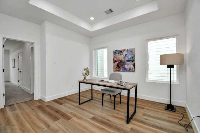 office space with plenty of natural light, light hardwood / wood-style flooring, and a tray ceiling