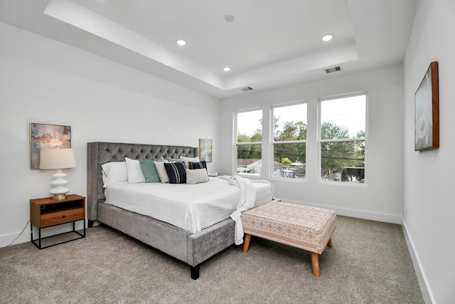 bedroom featuring a raised ceiling and carpet