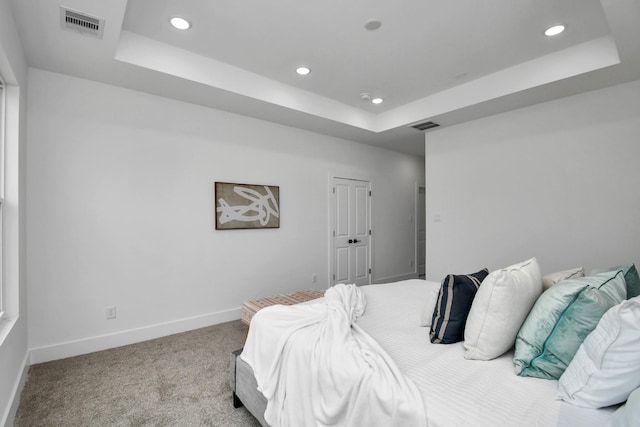 bedroom featuring light colored carpet and a tray ceiling