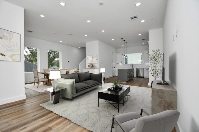 living room with sink and hardwood / wood-style floors