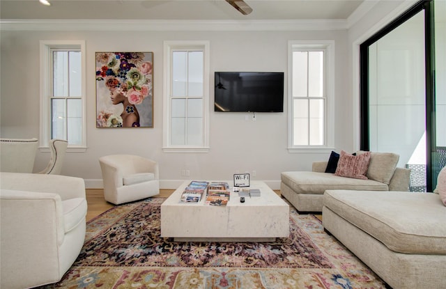 living room with ornamental molding, hardwood / wood-style floors, and a wealth of natural light