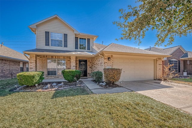 front of property with a garage, a front lawn, and covered porch