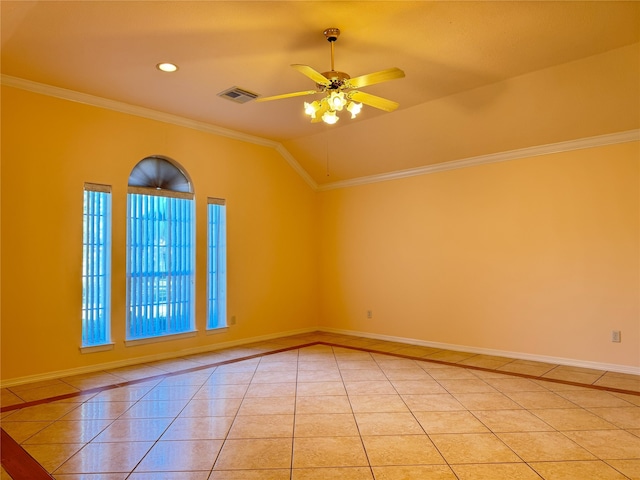 unfurnished room with light tile patterned floors, vaulted ceiling, ornamental molding, and ceiling fan