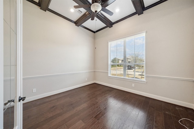 unfurnished room with coffered ceiling, ceiling fan, wood-type flooring, and beam ceiling