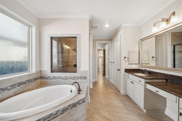 19031 Kimber Creek Ln, Cypress, TX 77429 - bathroom with a bath, vanity, ornamental molding, tiled shower, and tile patterned floors