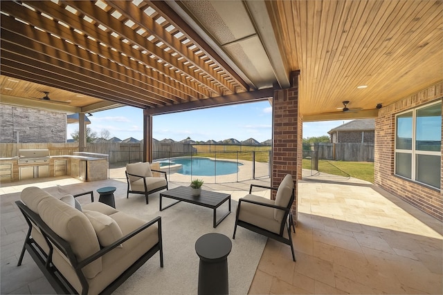 19031 Kimber Creek Ln, Cypress, TX 77429 - fenced backyard featuring an outdoor living space, a patio area, and a pergola