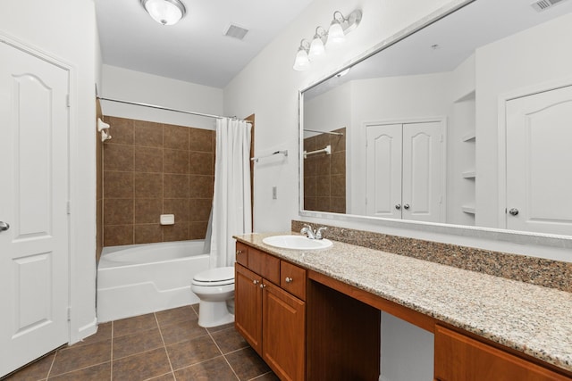 full bathroom featuring vanity, tile patterned flooring, shower / bath combination with curtain, and toilet