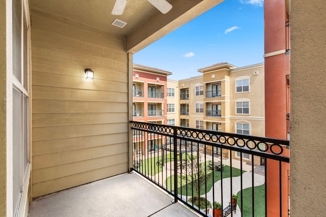 balcony featuring ceiling fan