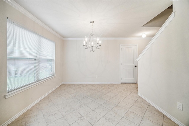 unfurnished dining area with crown molding and an inviting chandelier